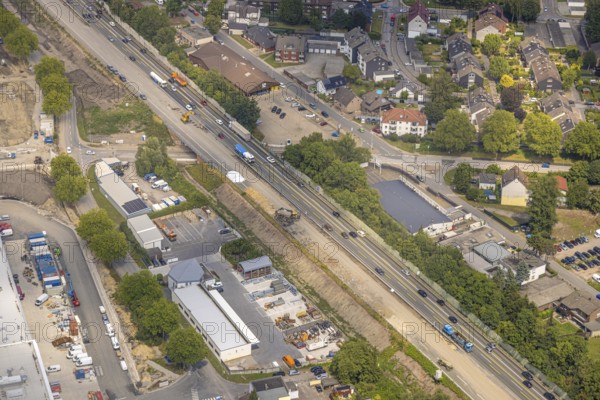 Aerial view, large construction site motorway junction Herne with tunnel construction, motorway A43