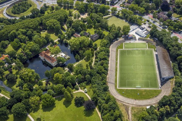 Aerial view, Strünkede Castle moated castle with moat and castle park and Edeka Koch sports park
