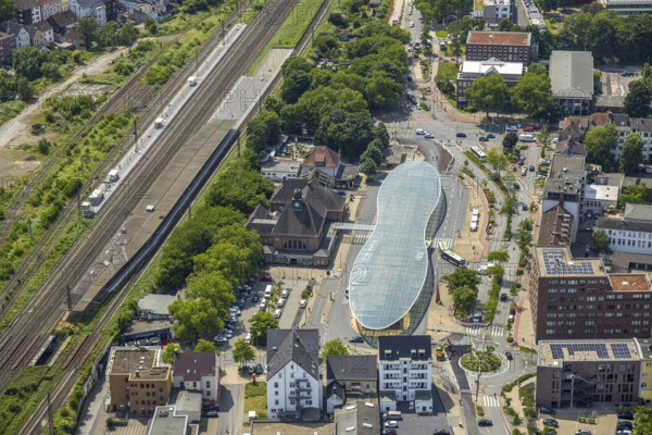 Aerial view, bus station with futuristic roof at Konrad-Adenauer-Platz, Herne main station, Baukau,