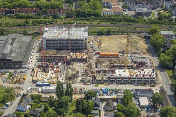 Aerial view, construction site and demolition work for new FunkenbergQuartier between Baumstraße