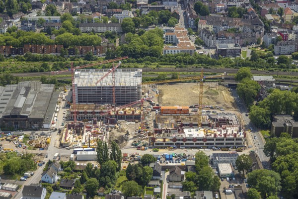 Aerial view, construction site and demolition work for new FunkenbergQuartier between Baumstraße