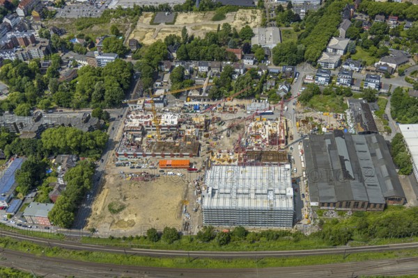 Aerial view, construction site and demolition work for new FunkenbergQuartier between Baumstraße