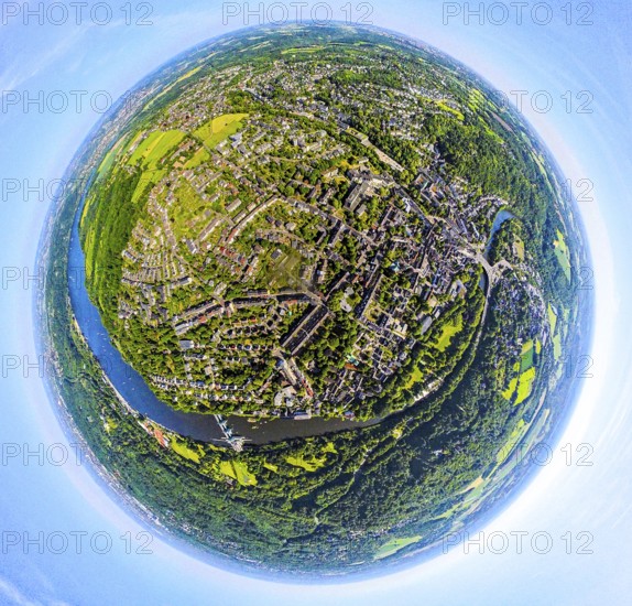 Aerial view, view of Werden district on the Ruhr river, earth globe, fisheye image, 360 degree