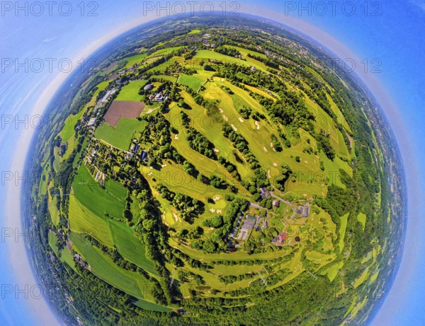 Aerial view, golf course golf club Essen-Heidhausen, forest area Langenhorster forest with meadows