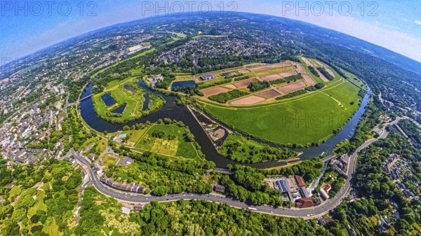 Aerial view, waterworks Wassergewinnung Essen GmbH on the river Ruhr with Ruhrbogen Überruhr, earth