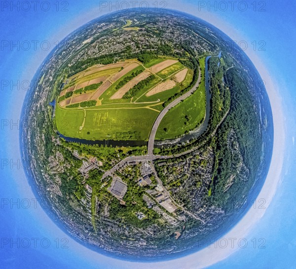 Aerial view, waterworks Wassergewinnung Essen GmbH on the river Ruhr with Ruhrbogen Überruhr, earth