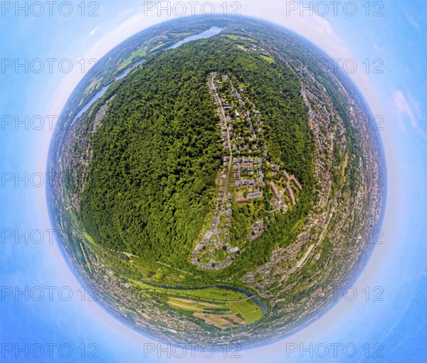 Aerial view, Schellenberg forest with housing estate, earth globe, fisheye image, 360 degree image,