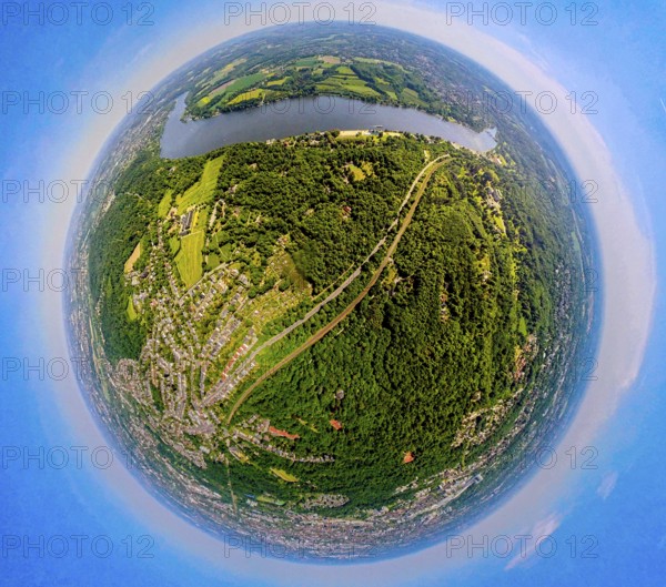 Aerial view, city forest between motorway A52 and Lake Baldeney, railway line and local recreation