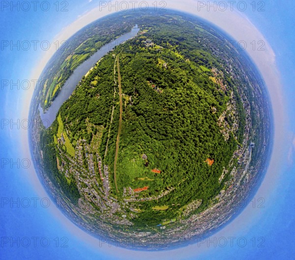 Aerial view, city forest between motorway A52 and Lake Baldeney, railway line and local recreation