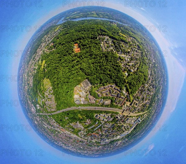 Aerial view, city forest between motorway A52 and Lake Baldeney, local recreation area, earth