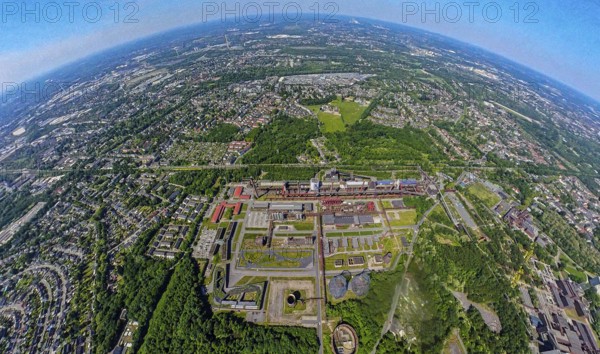 Aerial view, coking plant Zeche Zollverein, UNESCO World Heritage Site, earth globe, fisheye image,