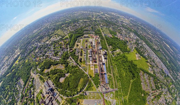 Aerial view, coking plant Zeche Zollverein, UNESCO World Heritage Site, earth globe, fisheye image,