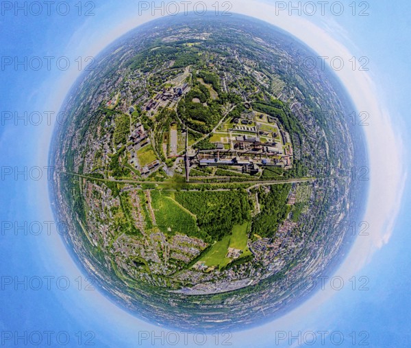 Aerial view, coking plant Zeche Zollverein, UNESCO World Heritage Site, earth globe, fisheye image,