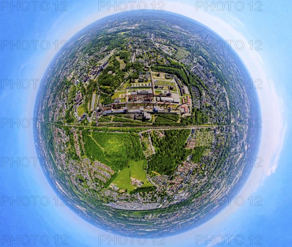 Aerial view, coking plant Zeche Zollverein, UNESCO World Heritage Site, earth globe, fisheye image,