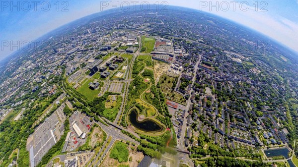 Aerial view, ThyssenKrupp headquarters, Krupppark with open-air theatre and lake, globe, fisheye