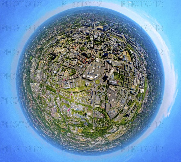Aerial view, business district city and shopping centre Limbecker Platz, globe, fisheye image, 360