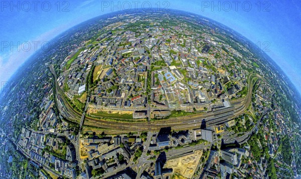 Aerial view, city centre of Essen with central station and Limbecker Platz, below Campus Essen,