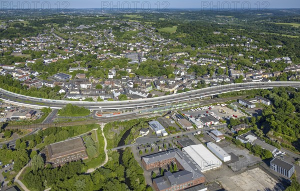 Aerial view, Kupferdreh S-Bahn station, residential area and Kupferdreher Markt on the A44