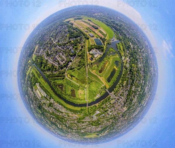 Aerial view, waterworks Wassergewinnung Essen GmbH on the river Ruhr with Ruhrbogen Überruhr, earth