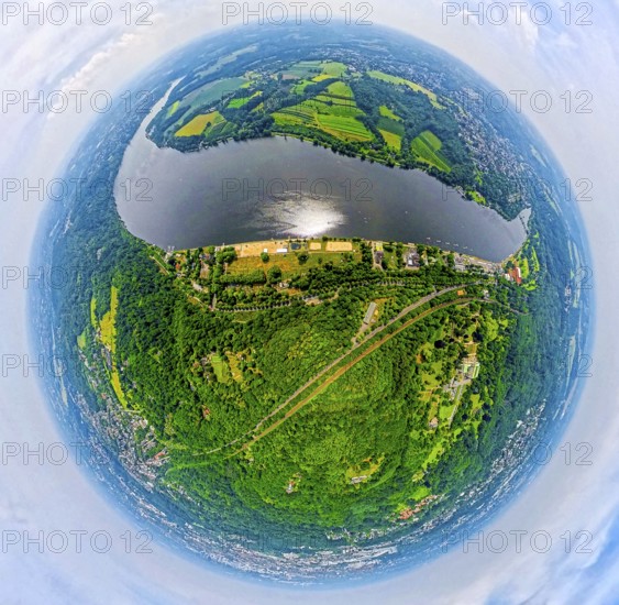 Aerial view, Lake Baldeney with Seaside Beach lido and city forest, Villa Hügel on the right,