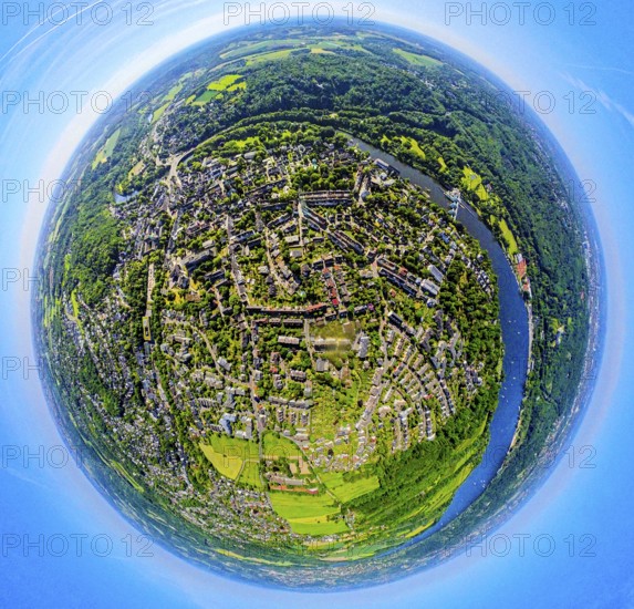 Aerial view, view of Werden district on the Ruhr river, earth globe, fisheye image, 360 degree
