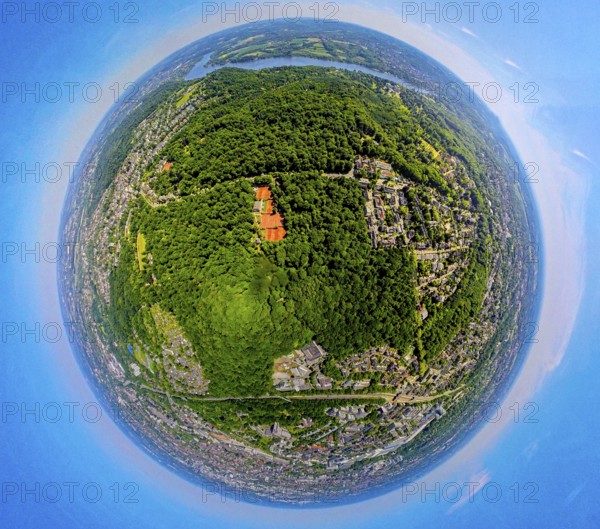 Aerial view, city forest between motorway A52 and Lake Baldeney, local recreation area, earth