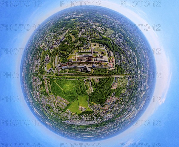 Aerial view, coking plant Zeche Zollverein, UNESCO World Heritage Site, earth globe, fisheye image,