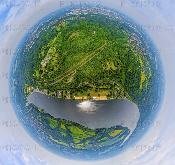 Aerial view, Lake Baldeney with Seaside Beach lido and city forest, Villa Hügel on the left, globe,