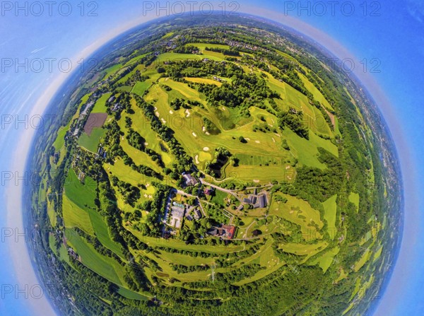 Aerial view, golf course golf club Essen-Heidhausen, forest area Langenhorster forest with meadows