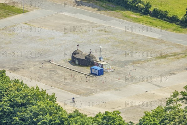 Aerial view, open space AltCrange, shaft 5 on the Cranger Kirmesplatz and concrete bunker with
