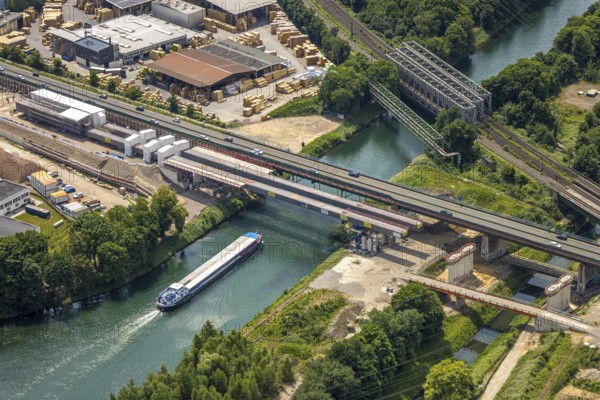 Aerial view, construction site with new construction, railway bridge Emscherbrücke Rollbahn,