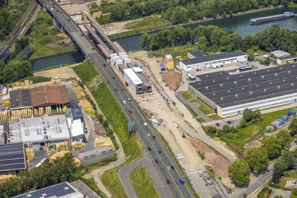 Aerial view, construction site with new construction, railway bridge Emscherbrücke Rollbahn,