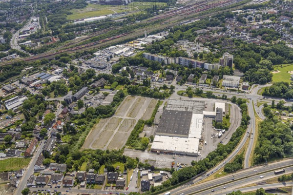 Aerial view, commercial area Toy FoodSystem GmbH company building Wasserstraße, housing estate