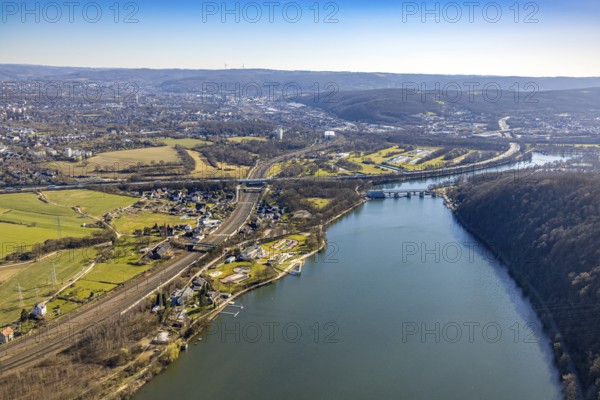 Aerial view, Hengsteysee, railway line and motorway A1 with view to the run-of-river power station