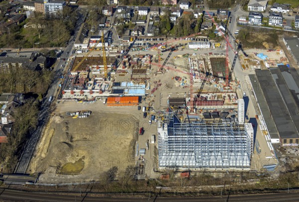 Aerial view, construction site and demolition work for new FunkenbergQuartier between Baumstraße