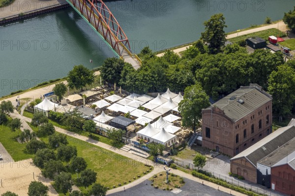 Aerial view, Steinmeister's beer garden - Oskar am Kanal, area former colliery Unser Fritz, artist