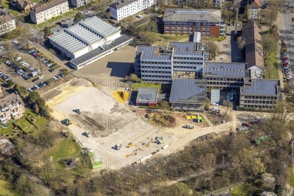 Aerial view, Mont-Cenis comprehensive school with solar roof, construction site, Sodingen, Herne,