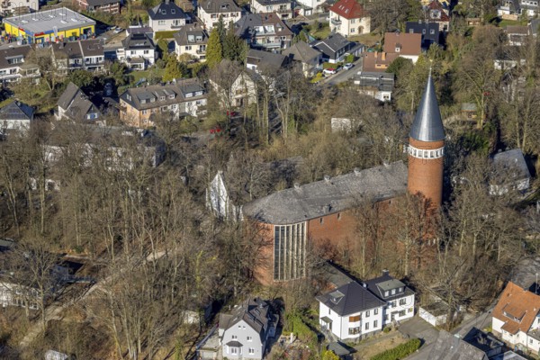 Aerial view, Catholic Church of the Holy Spirit with round tower, Emst, Hagen, Ruhr area, North