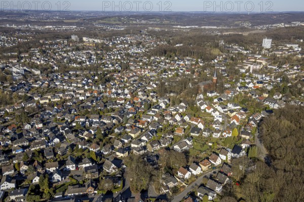 Aerial view, residential area, view of Emst district and Heilig-Geist-Kirche catholic church with