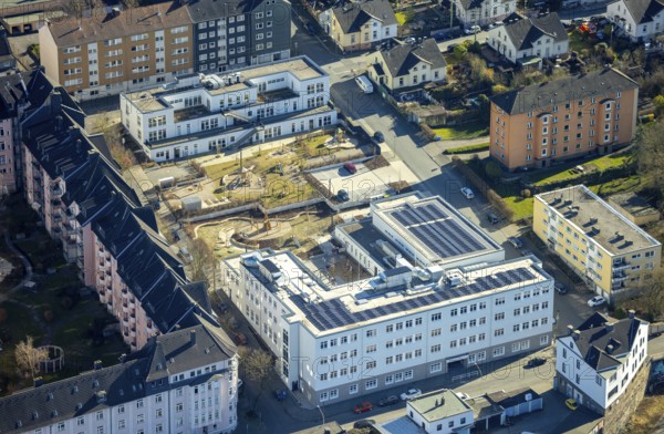Aerial view, housing estate and playground redesign with construction site between Wehringhausen