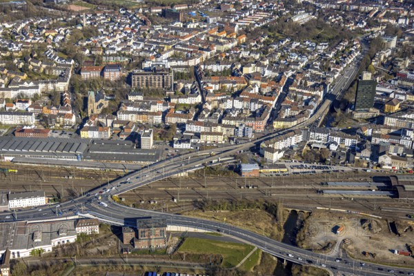 Aerial view, city centre and elevated road federal road B54 Eckeseyer Straße over railway tracks,