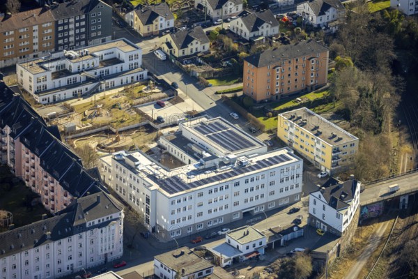 Aerial view, housing estate and playground redesign with construction site between Wehringhausen
