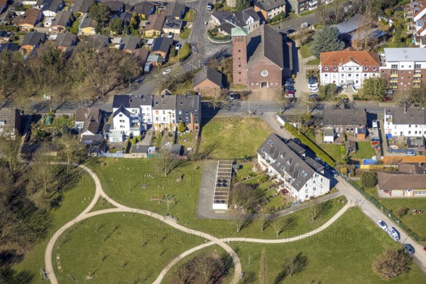 Aerial view, Quartierpark Klosterstraße, ktah. Church of the Holy Family and Holsterhausen, Herne,