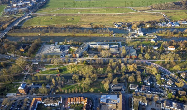 Aerial view, Hammonense grammar school and water sports centre, River Lippe and Datteln-Hamm Canal,