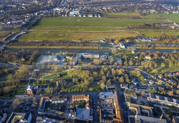 Aerial view, Hammonense grammar school and water sports centre, River Lippe and Datteln-Hamm Canal,