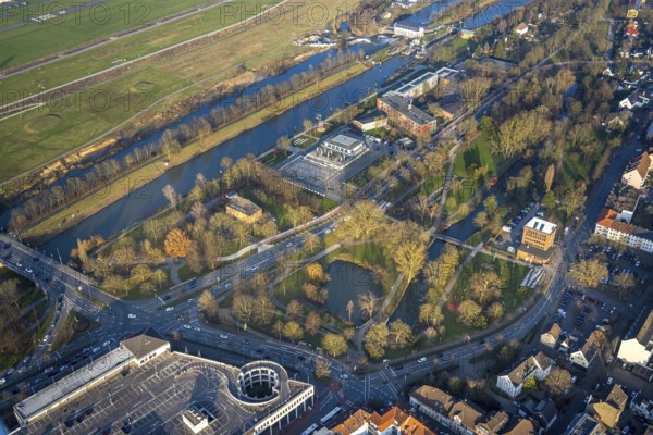 Aerial view, Hammonense grammar school and water sports centre, Nordring Park and River Lippe and