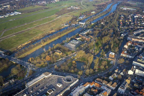 Aerial view, Hammonense grammar school and water sports centre, River Lippe and Datteln-Hamm Canal,