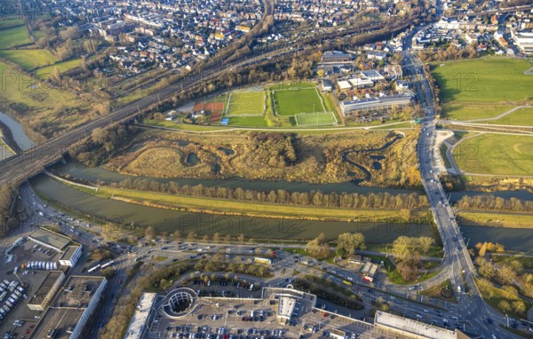 Aerial view, football stadium sports facility at HAMTEC industrial estate, river Lippe and