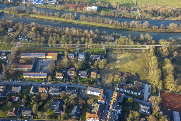 Aerial view, meadow area between Brandströmstraße and Datteln-Hamm canal, Theodor-Heuss-Schule