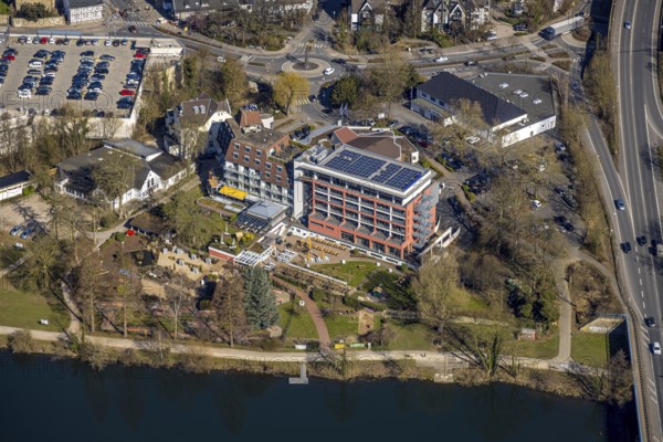 Aerial view, Hotel Zweibrücker Hof with solar roof and beer garden, Action Supermarket, roundabout